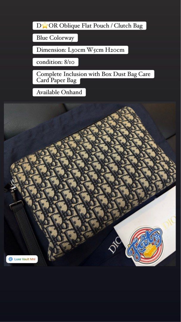 D⭐️OR Oblique Flat Pouch / Clutch Bag (Category: Belt bags, Clutches and Pouches) located in Pasay City. Submitted by fritz_kickz_2012 (Listing ID 1463932482, Image 1). Description: D⭐️OR Oblique Flat Pouch / Clutch Bag Blue Colorway Dimension: L30cm W5cm H20cm condition: 8/10 Complete Inclusion with Box Dust Bag Care Card Paper Bag Available Onhand 39k only 69k srp PM for Inquiries Thankyou Fritz Kickz Luxe Vault Mnl 👟👜✨.
