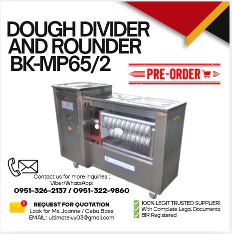 Dough divider and rounder BK-MP65/2 (Category: Other Home Appliances) located in Caloocan City. Submitted by chaseolive35337 (Listing ID 1463829458, Image 1). Description: Application: Pizza,Bread,cake Voltage: 220V/380V Power(W): 3KW Weight: 110kg Dimension(L*W*H): 1300*500*960（mm） Capacity: 60pcs/min Dough balls weight:20~200g Terms Of Payment 💰50% Down payment Upon Processing 💸 💰50% Upon pick up 💸 ✅ 100% LEGIT TRUSTED SUPPLIER! ✅ With Comp