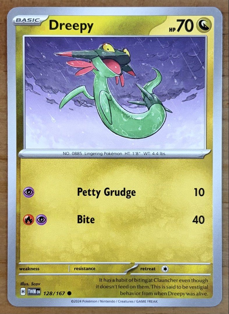 Dreepy | Pokemon Cards ~ Twilight Masquerade (Category: Raw Singles) located in Makati City. Submitted by cardlab (Listing ID 1463746355, Image 1). Description: Items are 💯 authentic/original/legit. About The Card: •Language: EN • Number: 128/167 • Common • Normal FOR: • Cards ₱99 and below with Card Sleeves • Cards ₱100 and up with Card Sleeves and Used Toploader • ₱10 for Bnew Tops Packaging (If Shipping): ✔️ Plastic cover ✔️ Cardboard ✔️ Bubb