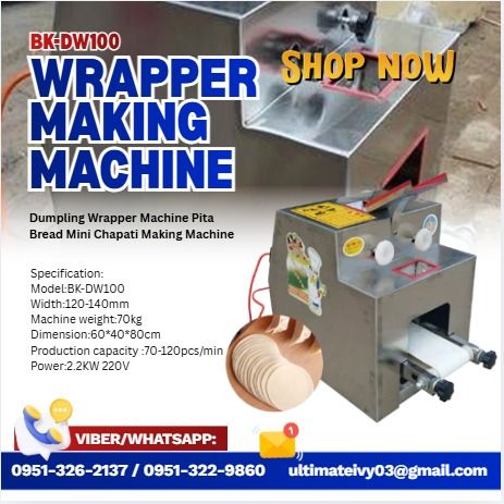Dumpling Wrapper Machine Pita Bread Mini Chapati Making Machine BK-DW100 (Category: Industrial Equipment) located in Caloocan City. Submitted by vedadacian34812 (Listing ID 1463828516, Image 1). Description: Model:BK-DW100 Width:120-140mm Machine weight:70kg Dimension:60*40*80cm Production capacity :70-120pcs/min Power:2.2KW 220V Terms Of Payment 💰50% Down payment Upon Processing 💸 💰50% Upon pick up 💸 ✅ 100% LEGIT TRUSTED SUPPLIER! ✅ With Com