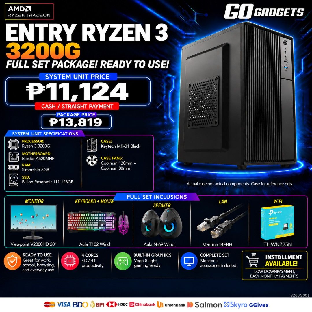 Entry Ryzen 3 3200G PC Package 1 (Category: Desktops) located in Caloocan City. Submitted by kentsalvador31 (Listing ID 1463901143, Image 1). Description: ENTRY RYZEN 3 3200G | RADEON VEGA 8 | 8GB RAM | 128GB SSD | 20" MONITOR | FULL SET INCLUSIONS Go Gadgets - Kawit Cavite 💬 Message us now for full specs & recommendations! 🖥️ We offer: ✔ Gaming PC Builds ✔ Work / Office PC Builds ✔ Editing / Productivity PC Builds ✔ PC upgrades and accessories