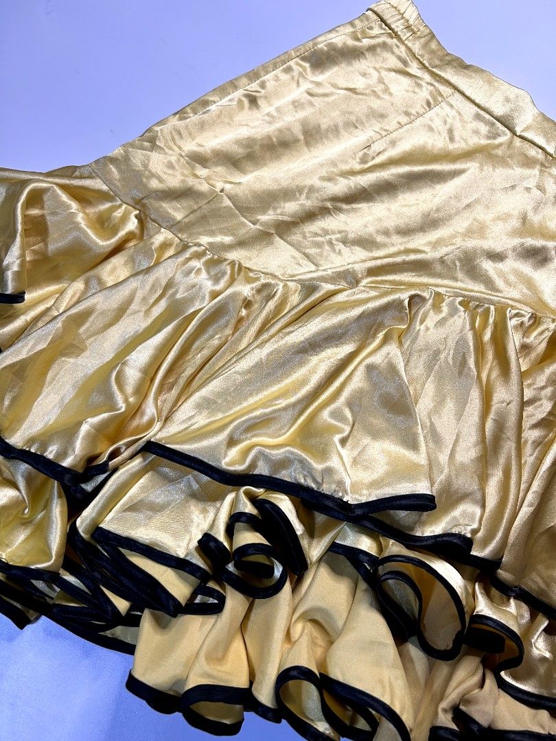 FAVE! Yellow Layered Ruffle Satin Mini Skirt (Category: Skirts) located in Marikina City. Submitted by wearablearttt (Listing ID 1463828906, Image 3). Description: FAVE! Yellow Layered Ruffle Satin Mini Skirt 𖨆 LAID FLAT MEASUREMENTS W 13-14" ‎L 20".