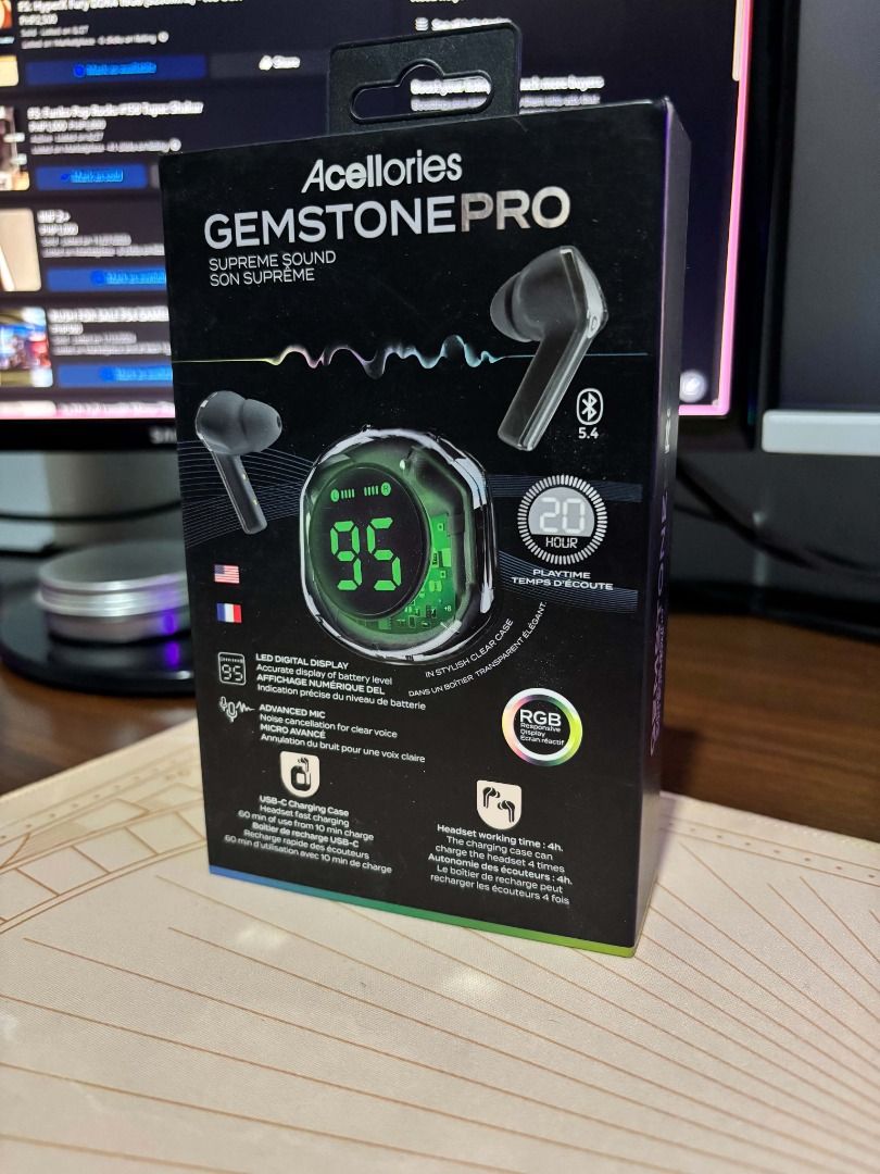FS: Acellories Gemstone Pro (Brand New) (Category: Earphones) located in Caloocan City. Submitted by louisejohn38027 (Listing ID 1463919241, Image 1). Description: Acellories Gemstone Pro Wireless Bluetooth Earbuds BRAND NEW 1. LED Transparent Charging Case with Digital Battery Display 2. Supreme Sound Quality + 4 Mic Noise Cancellation 3. 10 min charge = 90 mins usage. 4 full charges in case = 20hrs total 4. Touch Sensor Controls, Bluetooth, USB