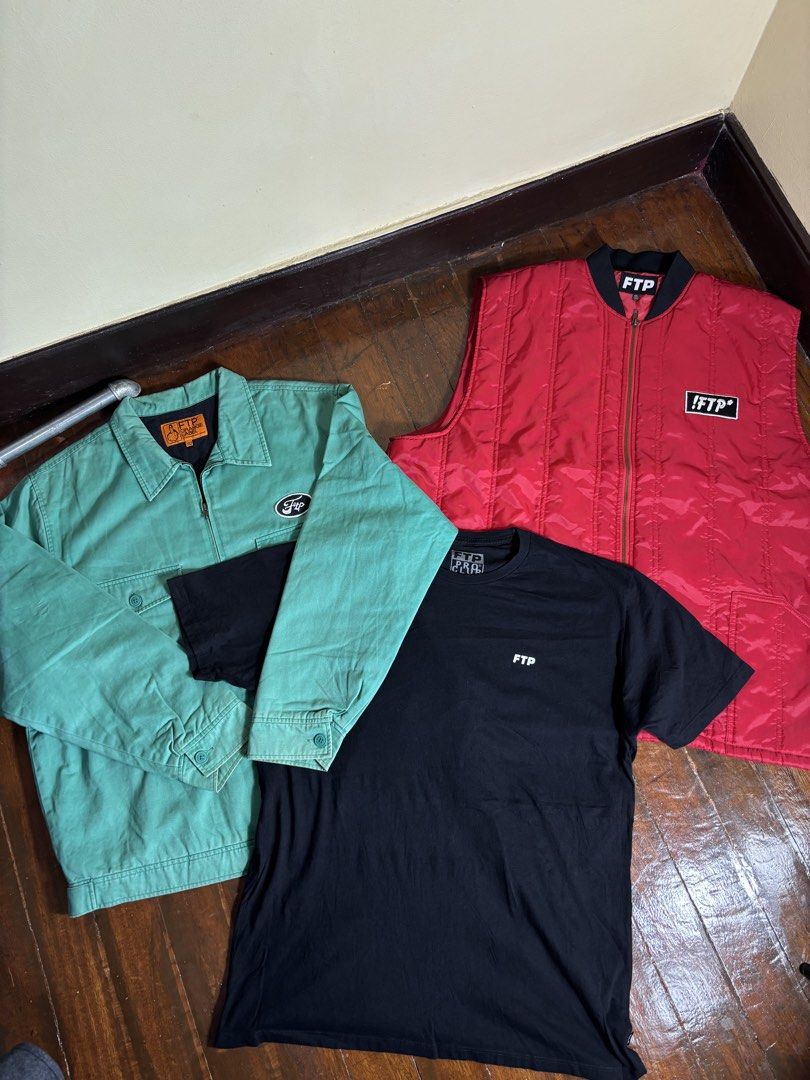 FTP Bundle (Category: Tshirts & Polo Shirts ) located in Manila. Submitted by earlylifecrisis3 (Listing ID 1463832635, Image 1). Description: FTP Chest and back Logo Green Jacket Sz Large Condition 8/10 Uneven fade Sleeve Measure it by inch Width: 25.5 Length: 28.5 Shoulder:20 Sleeve:25 Bust: 19 Hem: 23.5 FTP God Bless America Vest Sz XXL Condition 9/10 Measure it by inch Width: 29 Length: 30.5 Shoulder: 20 Sleeve: 0 Bust: 20.5 Hem: 28.5 FTP x Pr