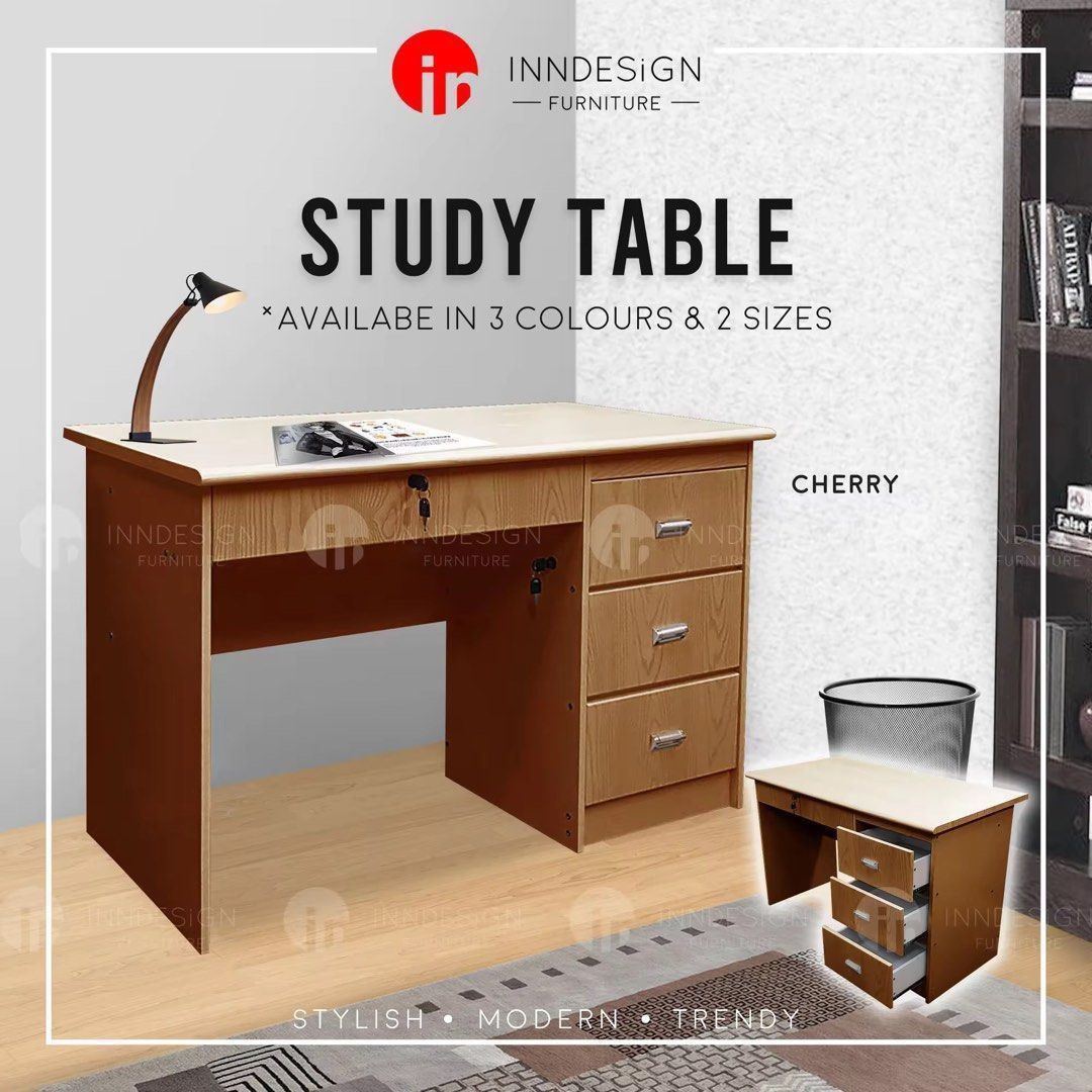 fully assembled study table (Category: Tables & Sets) located in Singapore. Submitted by homefurniture_outlet (Listing ID 1463869843, Image 3). Description: 100cm $199 120cm $249 free delivery free installation Product Description Fully MDF Furnishing -Central lock on 3 drawers -Individual lock on small drawer -Solid compress wood material -Visible wood grain lines - Comes With 3 Colors Available - Comes With 2 Sizes Size 1: 100cm Height: 75cm De