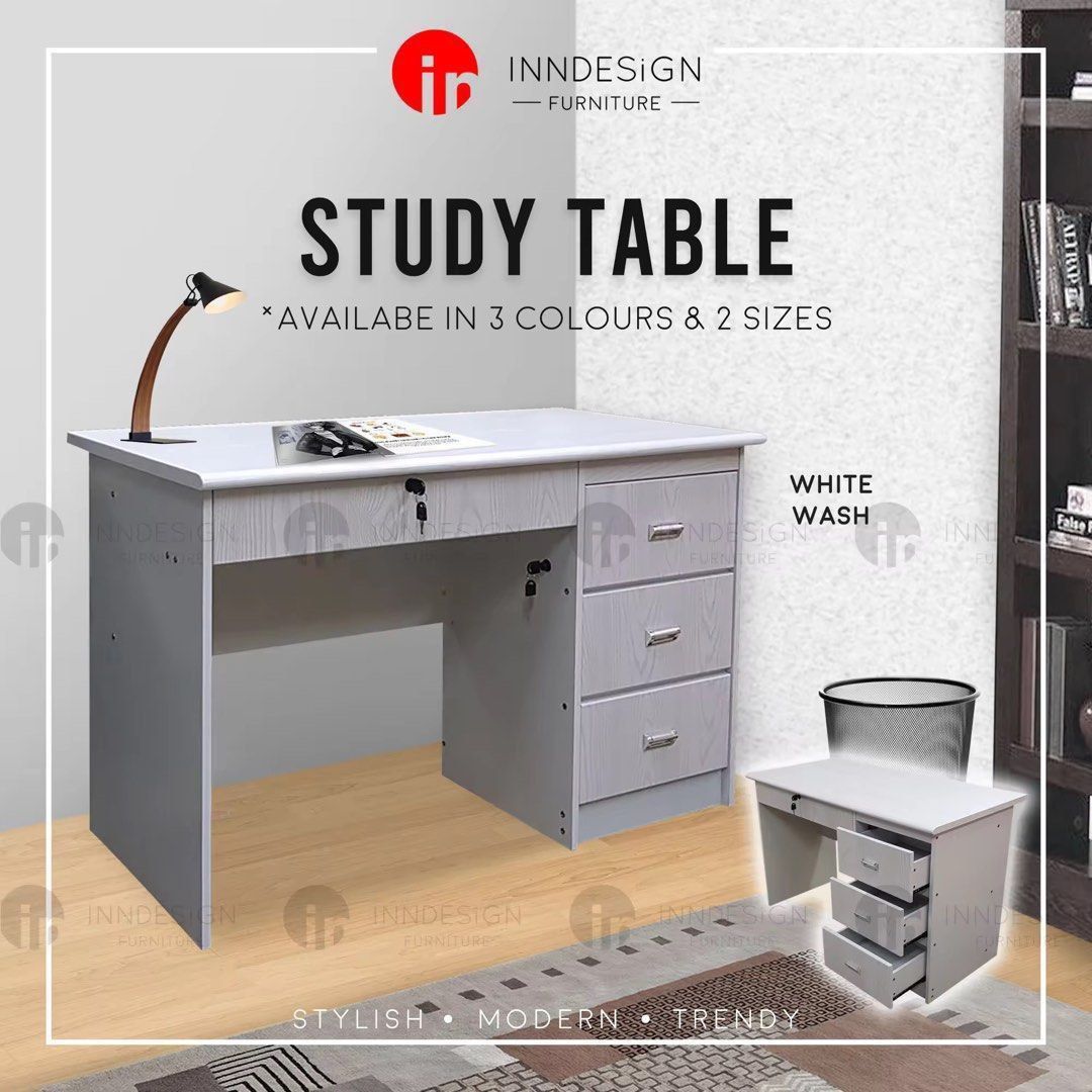 fully assembled study table (Category: Tables & Sets) located in Singapore. Submitted by homefurniture_outlet (Listing ID 1463869843, Image 2). Description: 100cm $199 120cm $249 free delivery free installation Product Description Fully MDF Furnishing -Central lock on 3 drawers -Individual lock on small drawer -Solid compress wood material -Visible wood grain lines - Comes With 3 Colors Available - Comes With 2 Sizes Size 1: 100cm Height: 75cm De