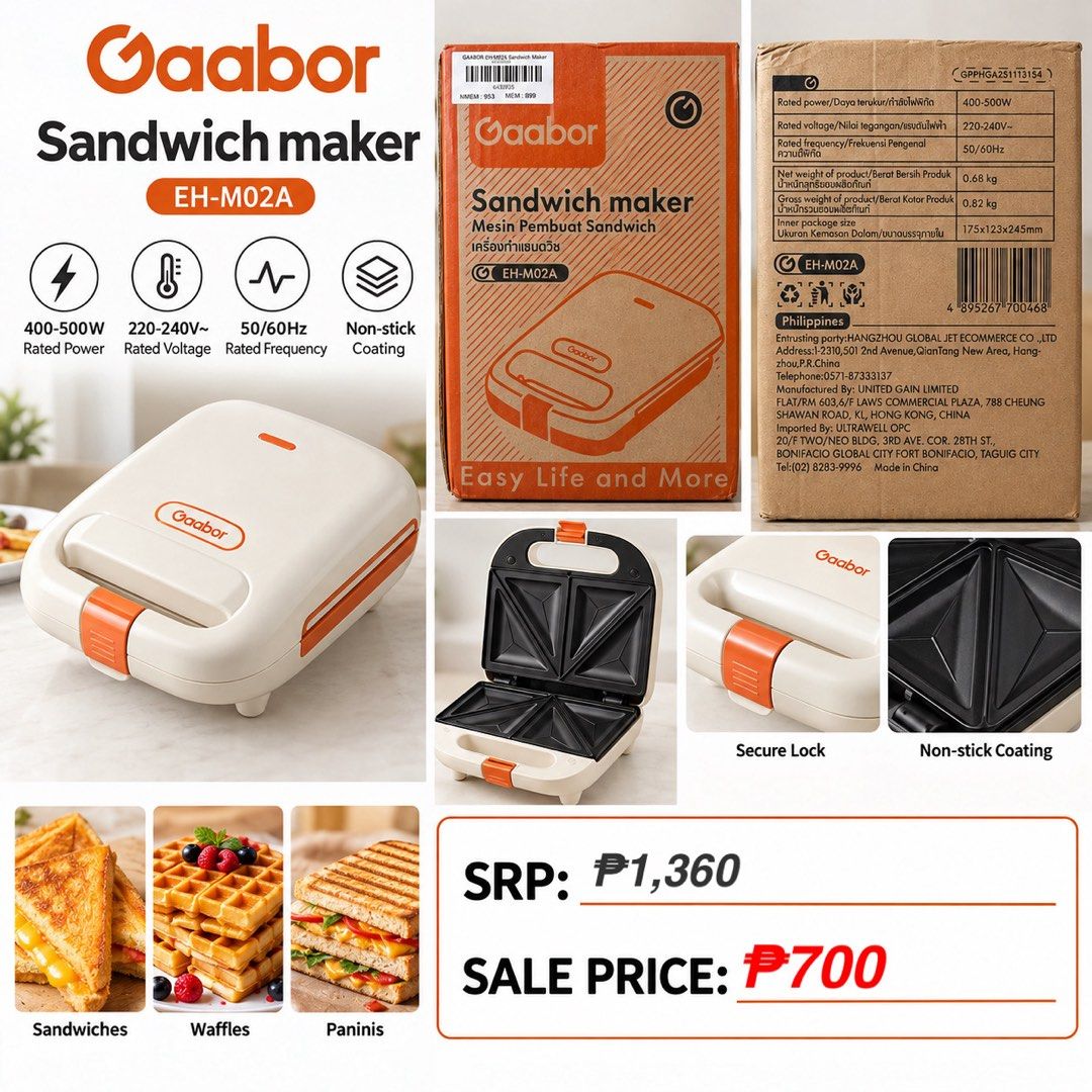 Gaabor Sandwich Maker (Category: Breadmakers) located in Makati City. Submitted by TZ.Collections (Listing ID 1463771777, Image 1). Description: -Brand-new/Sealed -Free shipping around Makati. -Slightly Negotiable .