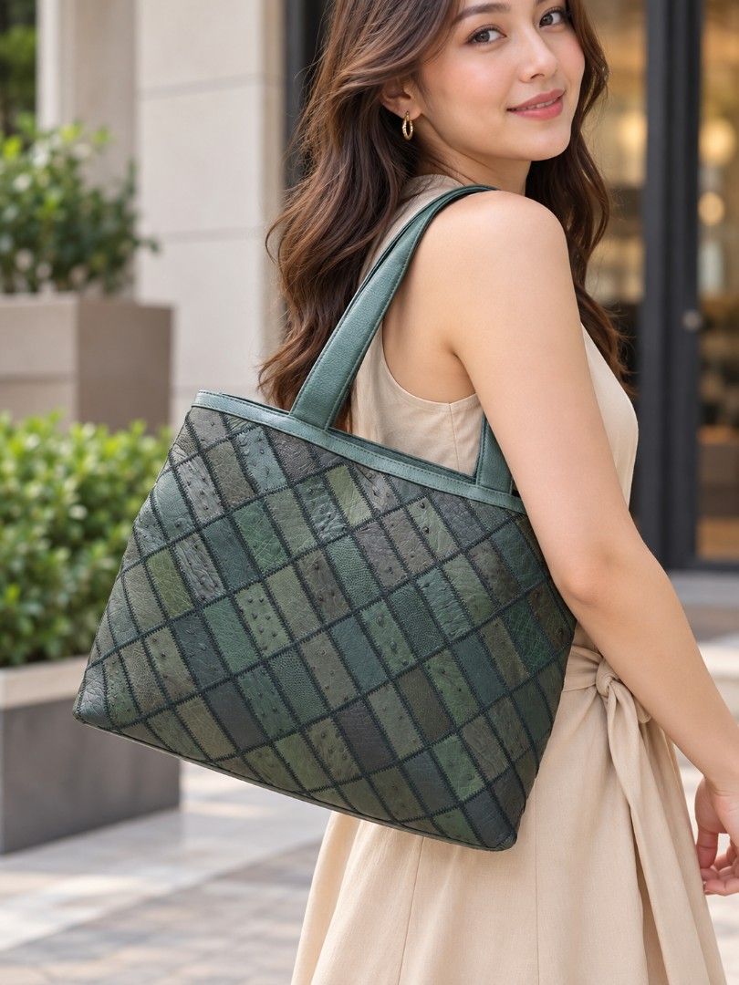 GENUINE OSTRICH LEATHER PATCHWORK TOTE BAG (Category: Tote Bags) located in Las Pinas. Submitted by annachiaonair2037 (Listing ID 1463806041, Image 1). Description: GENUINE OSTRICH LEATHER PATCHWORK TOTE BAG FROM JAPAN INNER VELVET LINING 2 COMPARTMENTS 1 ZIP CLOSURE 1 MAGNETIC LOCK CLOSURE HANDLE DROP 9" H 11.5" L 14.5" W 4.5".