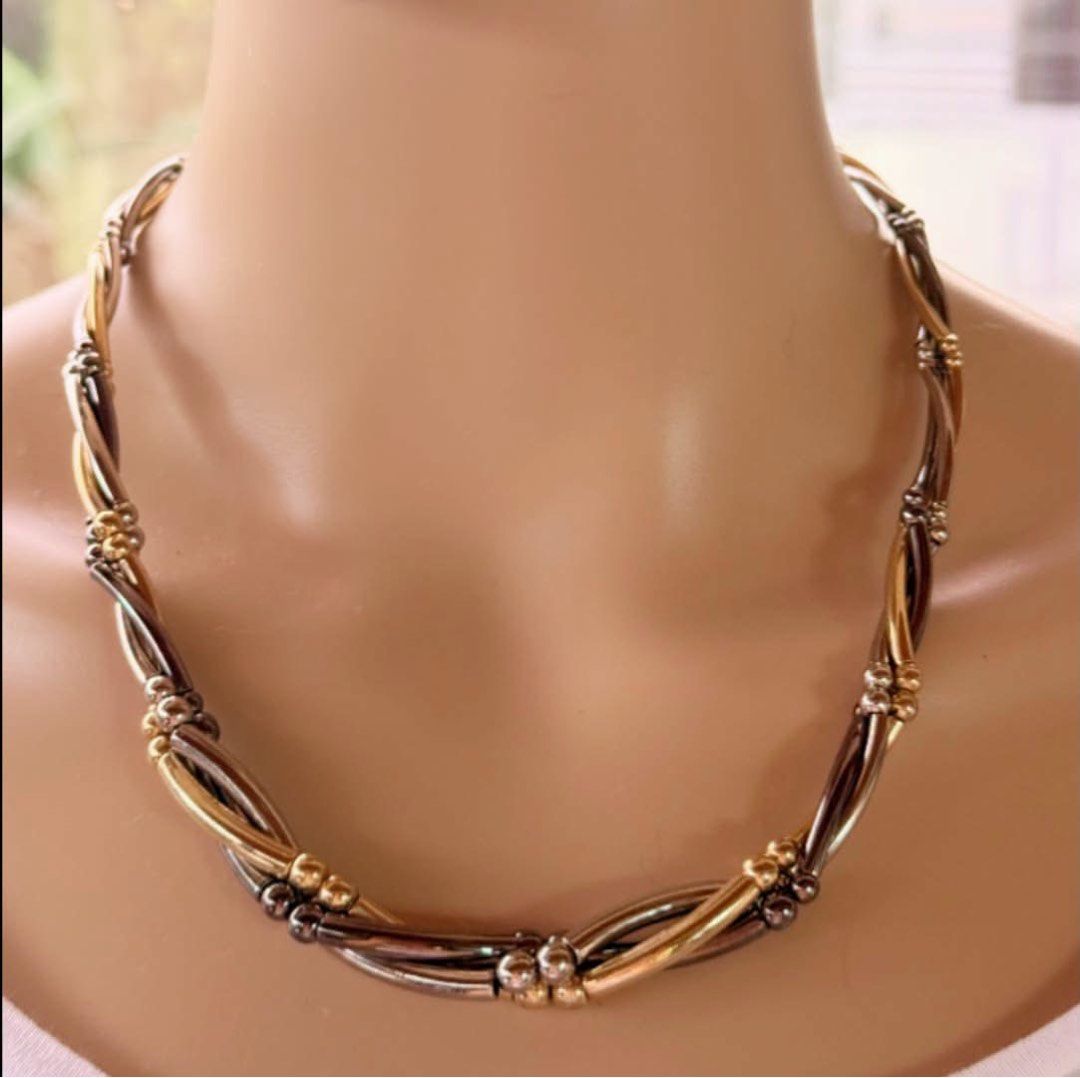 Gold plated necklace (Category: Necklaces) located in Manila. Submitted by annafinds (Listing ID 1463923390, Image 1). Description: A multi-tone twisted metal combination necklace featuring gold, silver, and dark-toned strands. ₱3,999 Open for layaway..
