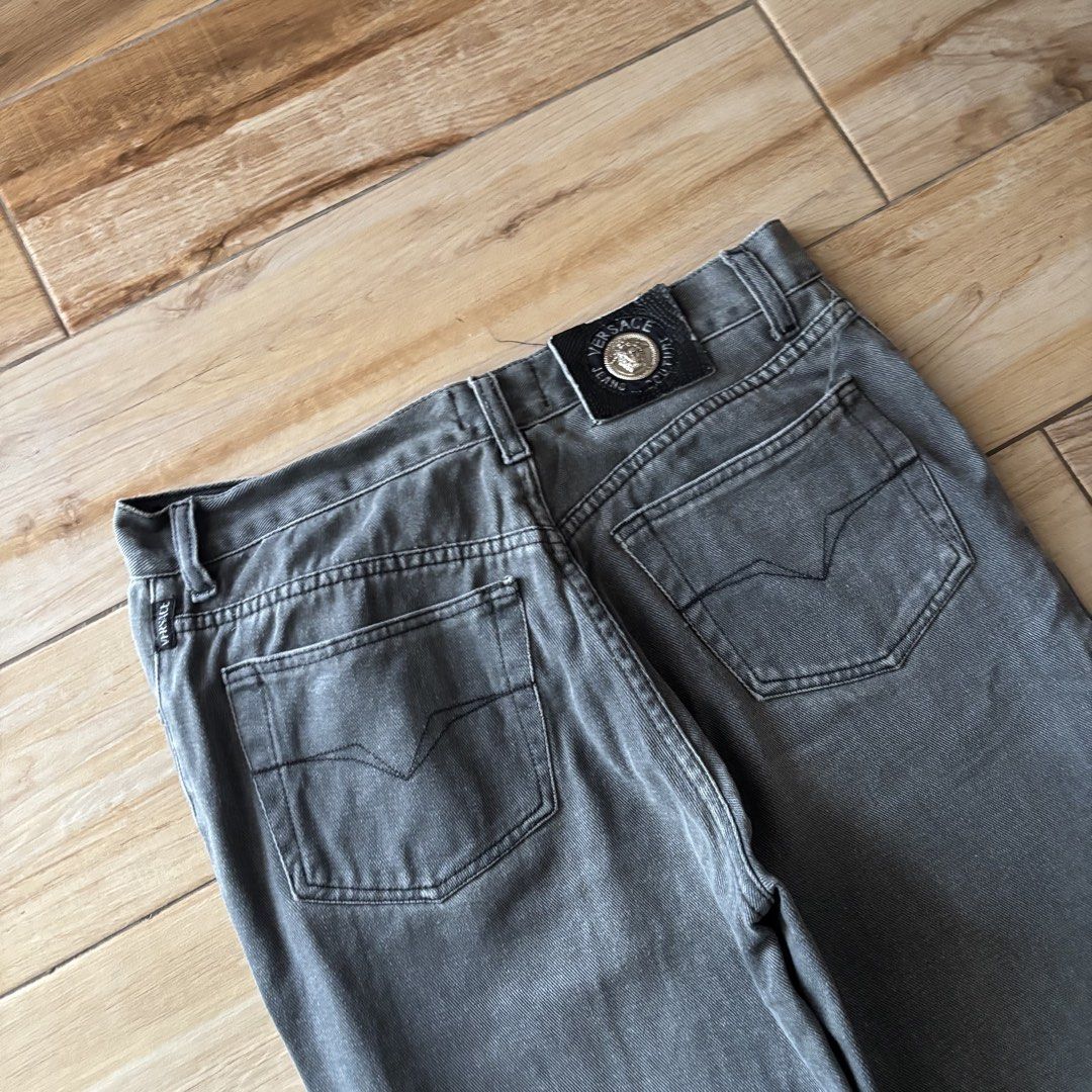 Gray Versace Straight cut (Category: Jeans) located in Calamba. Submitted by wearlikenobody (Listing ID 1463894609, Image 2). Description: Length: 41’’ Waist 32” Leg opening:8 Condition: 9/10 Issue: missing button cap.