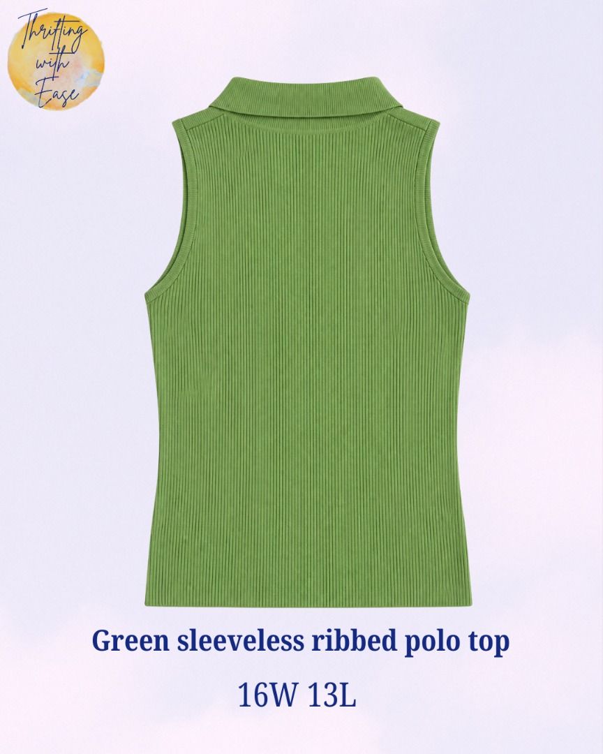 Green sleeveless ribbed polo top (Category: Shirts) located in Manila. Submitted by tr_w_ez (Listing ID 1463823172, Image 2). Description: Green Sleeveless Ribbed Polo Top Thrifting with ease is not affiliated or associated with any of the brands featured. All trademarks and copyrights reserved to the original brand holders. Size: Large Condition: 9.5/10 Color rate: 9.8/10 Issue: None Price: 450 Note📌: Comment mine or dm me for payment & shippin