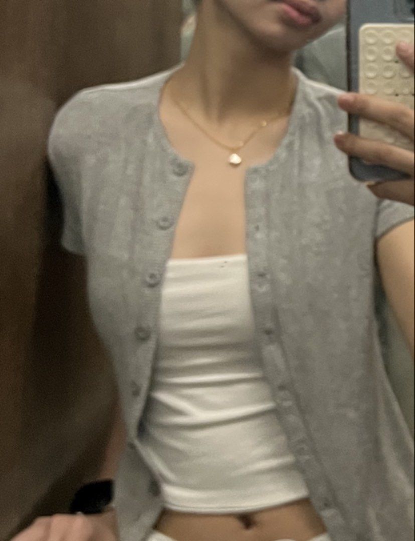 Grey Button-Up Cardiga (Category: Sets or Coordinates) located in Manila. Submitted by aim.r (Listing ID 1463901575, Image 1). Description: - Cute grey short-sleeve cardigan - Buttons up the front - Soft material - Great for layering or wearing on its own - Perfect for casual wear.
