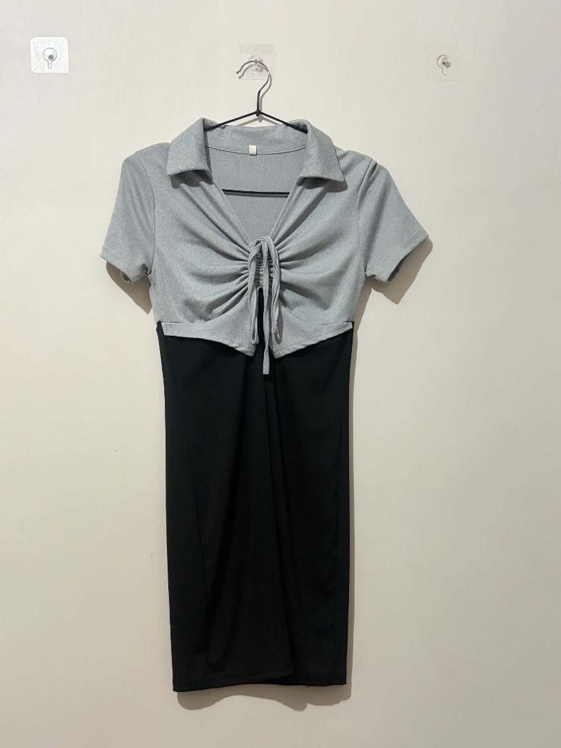 Grey Collared Ruched Top Black Bodycon Dress (Category: Dresses) located in San Leonardo. Submitted by burgossanleonardo.12345 (Listing ID 1463909664, Image 1). Description: - Two-tone dress: Grey collared top with ruched drawstring detail - Short sleeves - Black bodycon skirt - Simple and chic design - Versatile for casual outings or nights out.