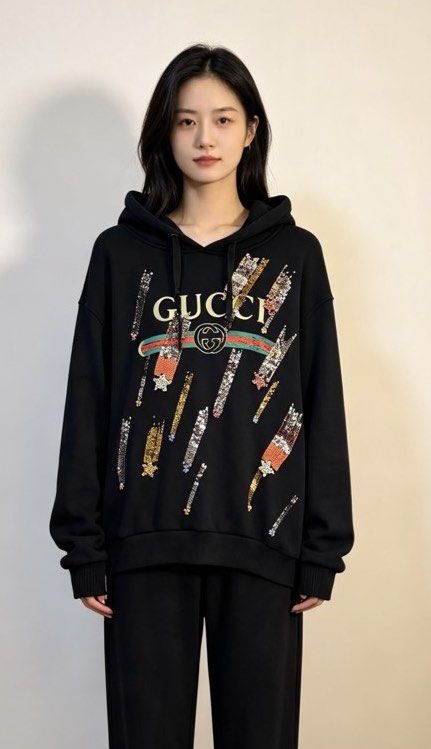Gucci Black Sequin Logo Hoodie (Category: Coats, Jackets and Outerwear) located in Paranaque City. Submitted by mykapoynton (Listing ID 1463831086, Image 1). Description: Gucci Black Sequin Logo Hoodie - Features eye-catching sequin logo detail - Made in Italy for premium quality - Comfortable and stylish design - Ideal for everyday casual wear.