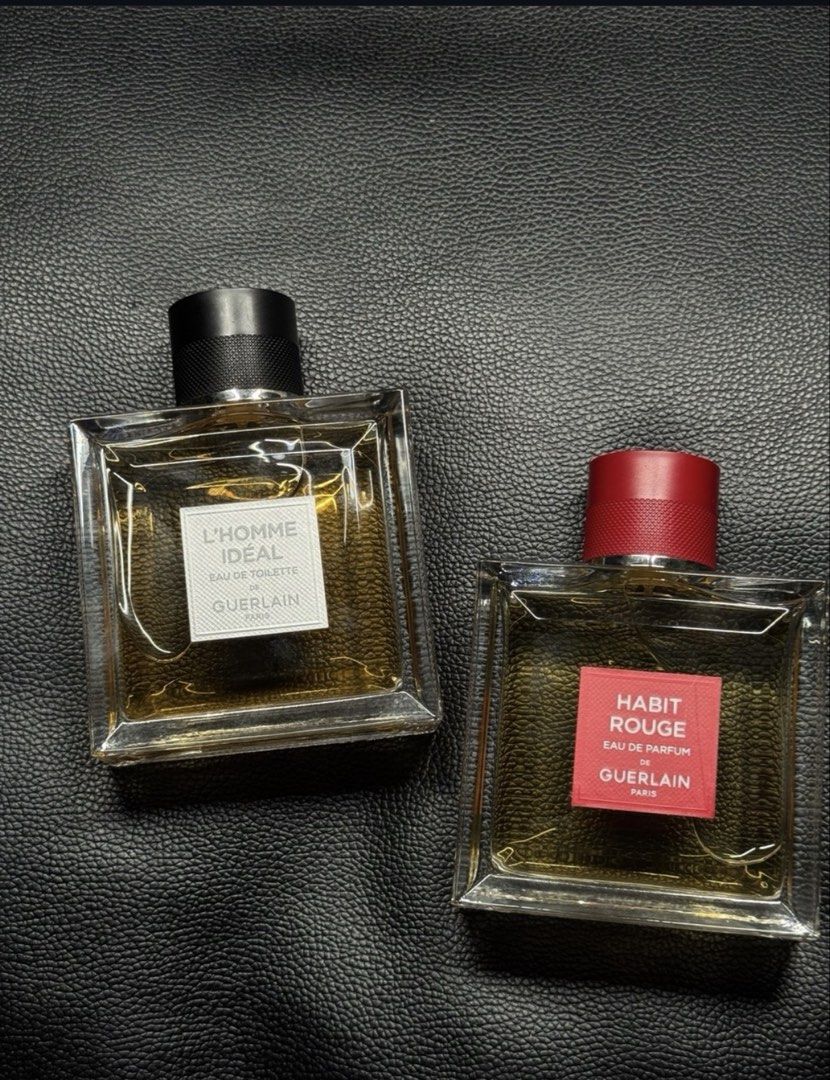 Guerlain L'Homme Ideal (Category: Fragrance & Deodorants) located in Manila. Submitted by ambrocioc91976 (Listing ID 1463847300, Image 1). Description: - Authentic Guerlain Paris fragrances - L'Homme Ideal Eau de Toilette: Clear glass bottle, gold liquid, black cap - Habit Rouge Eau de Parfum: Clear glass bottle, gold liquid, red cap - Sold - Both offer exquisite scents from a renowned French perfumer - Perfect for collectors or as a luxurious gi