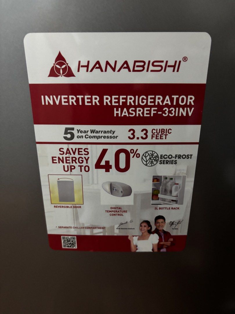 Hanabishi Inverter Refrigerator HASREF-33INV (Category: Refrigerators and Freezers) located in Antipolo. Submitted by danasnls (Listing ID 1463890395, Image 2). Description: • Used for 4 months only •3.3 cubic feet • Saves energy up to 40% • Reversible door • Mechanical temperature control • 2L bottle rack • Separate chiller compartment • Wattage: 43w • Dimension: 472 x 450 x 860 mm.
