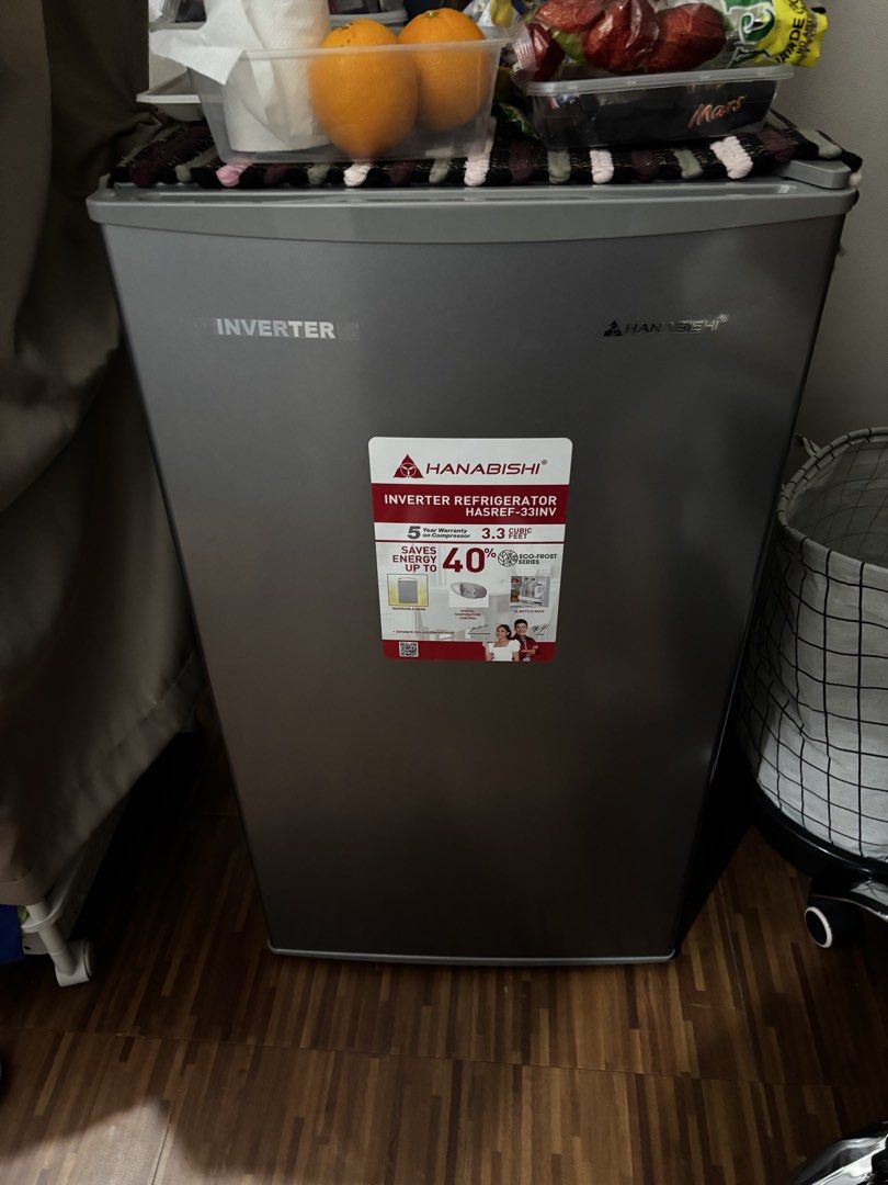 Hanabishi Inverter Refrigerator HASREF-33INV (Category: Refrigerators and Freezers) located in Antipolo. Submitted by danasnls (Listing ID 1463890395, Image 1). Description: • Used for 4 months only •3.3 cubic feet • Saves energy up to 40% • Reversible door • Mechanical temperature control • 2L bottle rack • Separate chiller compartment • Wattage: 43w • Dimension: 472 x 450 x 860 mm.