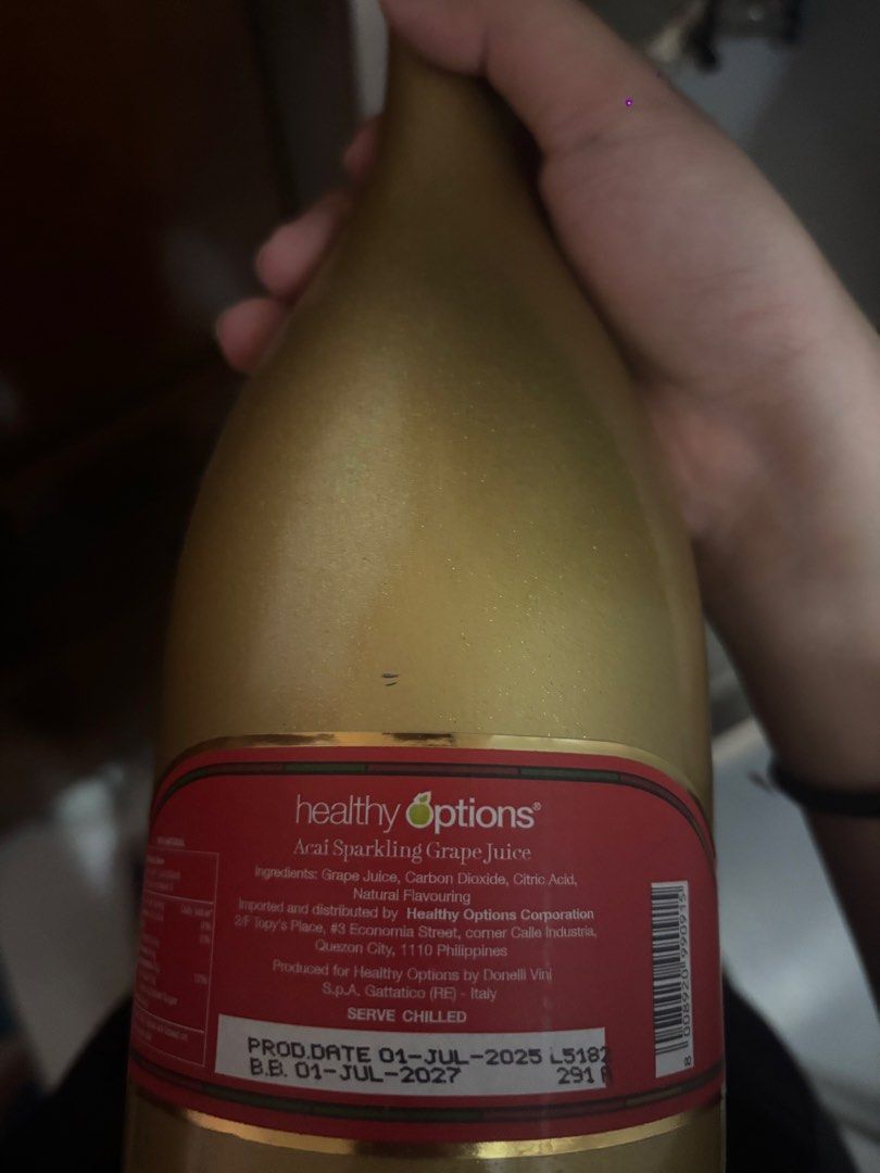 Healthy Options Acai Sparkling Grape Juice (Category: Beverages) located in Manila. Submitted by ro.se_e__ (Listing ID 1463789979, Image 2). Description: - Refreshing Acai Sparkling Grape Juice - From Healthy Options - Made with grape juice, carbon dioxide, citric acid, and natural flavoring - Proudly produced in Italy by Donelli Vini - Best Before: July 2027 - Serving Suggestion: Serve chilled.
