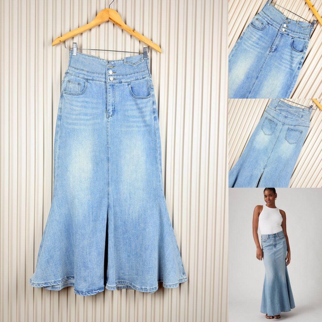 High Waisted Flare Denim Maxi Skirt (Category: Skirts) located in Pasig City. Submitted by trendapparelph (Listing ID 1463853027, Image 1). Description: - Light wash denim maxi skirt - High waisted with double button closure - Flare hem for a flattering silhouette - Front slit for ease of movement - Functional front and back pockets - Perfect for dressing up or down, ideal for casual days or nights out.