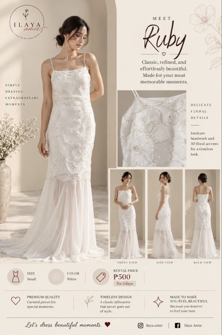 Ilaya Amie Ruby Dress - Rental (Category: Evening dresses & gowns) located in Tarlac. Submitted by ge.pen (Listing ID 1463754599, Image 1). Description: - Rent Ruby: Classic & refined dress for memorable moments. - Features delicate floral details. - Intricate beadwork and 3D floral accents. - Timeless silhouette designed to make you feel beautiful. - Premium quality, curated for special occasions. - Available for rent (500 for 3 days).