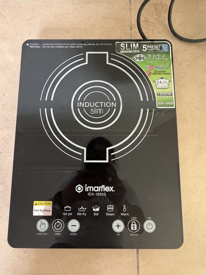 Imarflex Induction Cooker IDX-1650S Slim 5 Preset Functions (Category: Cookers) located in Manila. Submitted by xenasales (Listing ID 1463769299, Image 2). Description: - Imarflex IDX-1650S Induction Cooker - Slim and sleek design: only 38mm thick - Easy-to-use sensitive touch control panel - 5 preset cooking functions: Hot Pot, Stir-fry, Boil, Steam, Warm - Supports cookware up to 24cm in diameter - High energy efficiency for cost savings - Auto