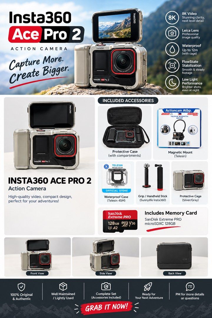 Insta360 Ace Pro 2 8K Action Camera with Accessories (Category: Cameras) located in Marikina City. Submitted by gegelo93 (Listing ID 1463849398, Image 1). Description: - Insta360 Ace Pro 2 Action Camera - Stunning 8K Video Recording - Leica Lens for Superior Quality - Waterproof up to 12 meters (39ft) - Includes: Protective Case, Magnetic Mount, Waterproof Case, Grip/Handheld Stick, Protective Cage - Comes with a 128GB SanDisk Extreme Pro Memory 