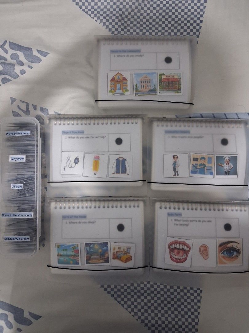 Interactive Learning Flashcards for Kids - Various Topics (Category: Educational & Learning Toys) located in Pasig City. Submitted by supladoako (Listing ID 1463907223, Image 1). Description: For sale! Learning materials for toddlers. Every pages po ay laminated na kaya pang matagalan na gamit na. Used it once sa student ko with asd. Categories are: Community helpers(30 questions)(doctors, nurse, policeman etc.) Places in the community(30 questio