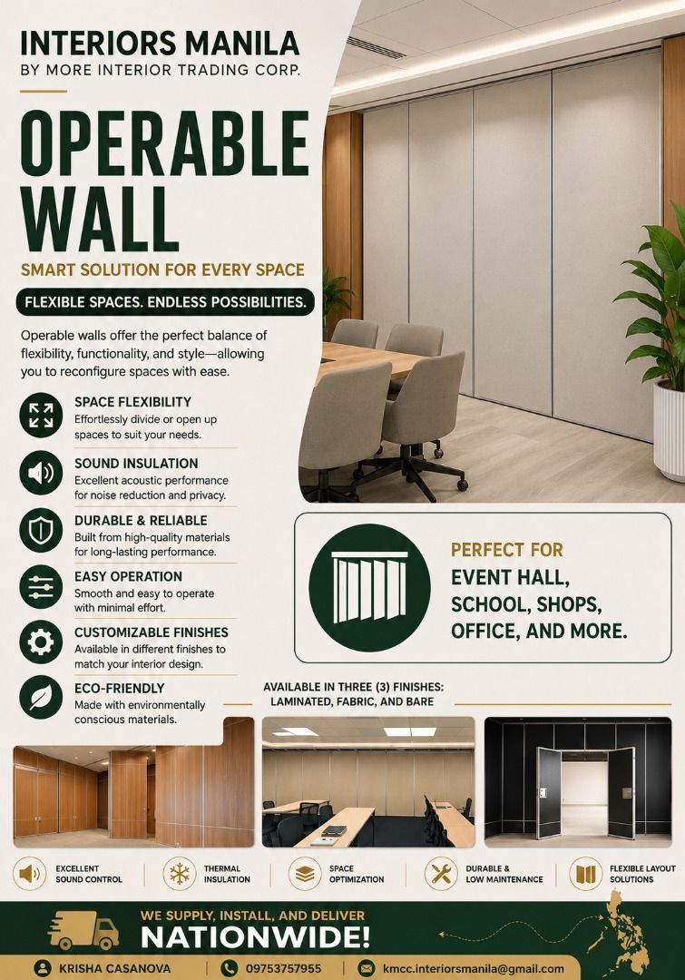 Interiors Manila Operable Wall - Flexible Space Solutions (Category: Construction & Building Materials) located in Caloocan City. Submitted by fastcrystal_973476 (Listing ID 1463813029, Image 1). Description: “Our operable wall systems combine style, flexibility, and privacy-perfect for modern offices, hotels and functional halls" • Redefining office spaces with smart, flexible design. • One space, infinite possibilities. • Flexible space managem