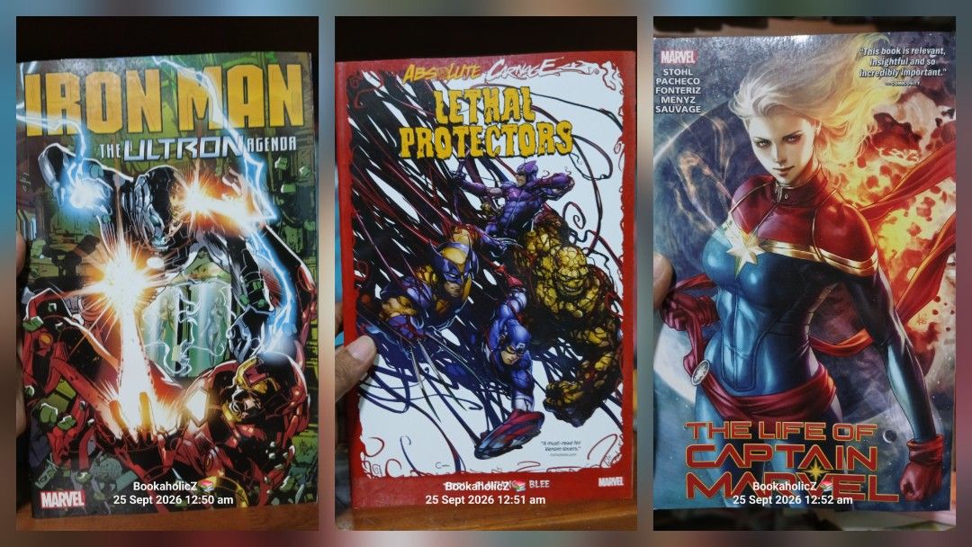 Iron Man, Lethal Protectors, Captain Marvel Graphic Novels (Category: Comics & Manga) located in Antipolo. Submitted by bookaholicz_dettori (Listing ID 1463919425, Image 1). Description: ₱199 each💸 - Marvel graphic novels: - Iron Man: The Ultron Agenda - Absolute Carnage: Lethal Protectors - The Life of Captain Marvel -Deadpool -Spider-Man - Great reads for any Marvel fan. - Perfect bundle deal! -MOP: •Gcash/Bank transfer •No SCO / No COD •Payme