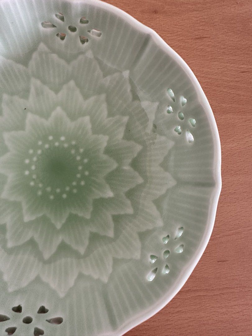 Japan Arita ware small bowl (Category: Vases & Decorative Bowls) located in Paranaque City. Submitted by seektoshop (Listing ID 1463743796, Image 3). Description: Light Green Ceramic Bowl with Floral Cutouts and Embossed Design ✔️ Authentic Japanese ware ✔️ Celadon glazed reticulated small bowl ✔️ featuring a delicate flower-shaped cutout design ✔️ Ideal for serving snacks or as a decorative piece ✔️ Approximately 6 inches in diameter.