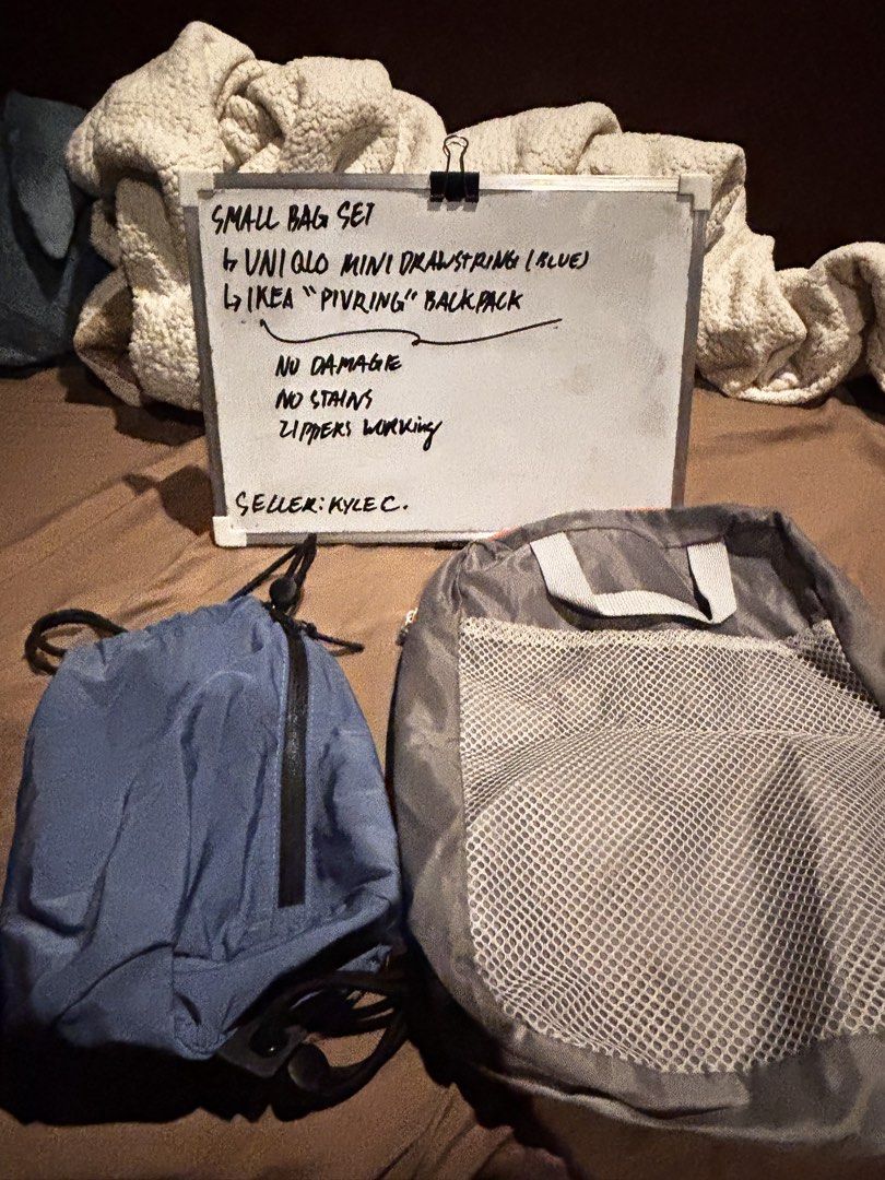 Japandi Bag set (Uniqlo, Ikea) (Category: Backpacks) located in Las Pinas. Submitted by akqua (Listing ID 1463785971, Image 1). Description: Japandi Bag set includes: Uniqlo "Mini Drawstring Bag" (Blue), bought in 2019, but haven't been used since 2023 IKEA "Pivring" 9L Backpack, bought in 2019, haven't been used since 2023 Both in great condition (no stains, tears, etc.), just a lot of creases due to storage Take all only! Great for lightweight 