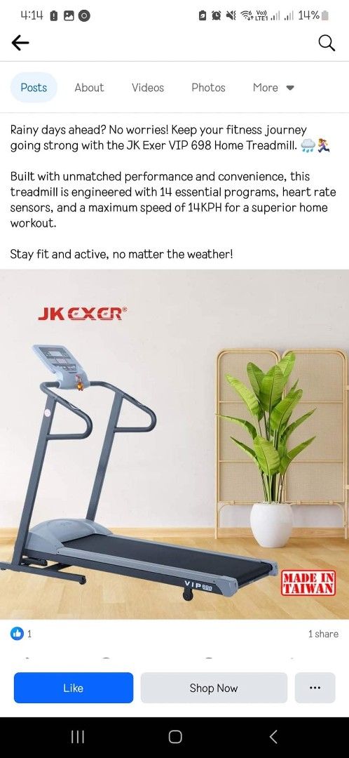 JK Exer VIP 698 Home Treadmill (Category: Cardio & Fitness Machines) located in Manila. Submitted by bluecore07 (Listing ID 1463926738, Image 1). Description: • Model: JK Exer VIP 698 • Made in Taiwan 🇹🇼 • Maximum Speed: 14 km/h • 14 Built-in Workout Programs • Heart Rate Sensors for monitoring your pulse • Suitable for walking, jogging, and running at home • Sturdy design with safety handrails and easy-to-use console • Great for maintaining yo