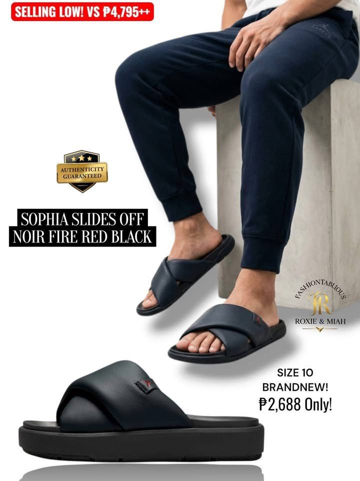 JORDAN SOPHIA SLIDES — BLACK ON BLACK! (Category: Slippers and slides) located in Mandaluyong City. Submitted by luxprelovedbagsparadise (Listing ID 1463893228, Image 1). Description: 🔥 JORDAN SOPHIA SLIDES — BLACK ON BLACK! 🖤🔥 Clean. Sleek. Comfy. And that price? HARD TO BEAT! 😍 💥 SUPER SALE: ₱2,688 ONLY! ❌ Regular Price: ₱4,795++ ✨ BRAND NEW + WITH BOX 📌 SIZE 10 ONLY Perfect for your everyday fits—whether you’re running errands, chilling 