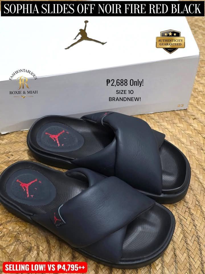 JORDAN SOPHIA SLIDES — BLACK ON BLACK! (Category: Slippers and slides) located in Mandaluyong City. Submitted by luxprelovedbagsparadise (Listing ID 1463893228, Image 2). Description: 🔥 JORDAN SOPHIA SLIDES — BLACK ON BLACK! 🖤🔥 Clean. Sleek. Comfy. And that price? HARD TO BEAT! 😍 💥 SUPER SALE: ₱2,688 ONLY! ❌ Regular Price: ₱4,795++ ✨ BRAND NEW + WITH BOX 📌 SIZE 10 ONLY Perfect for your everyday fits—whether you’re running errands, chilling 