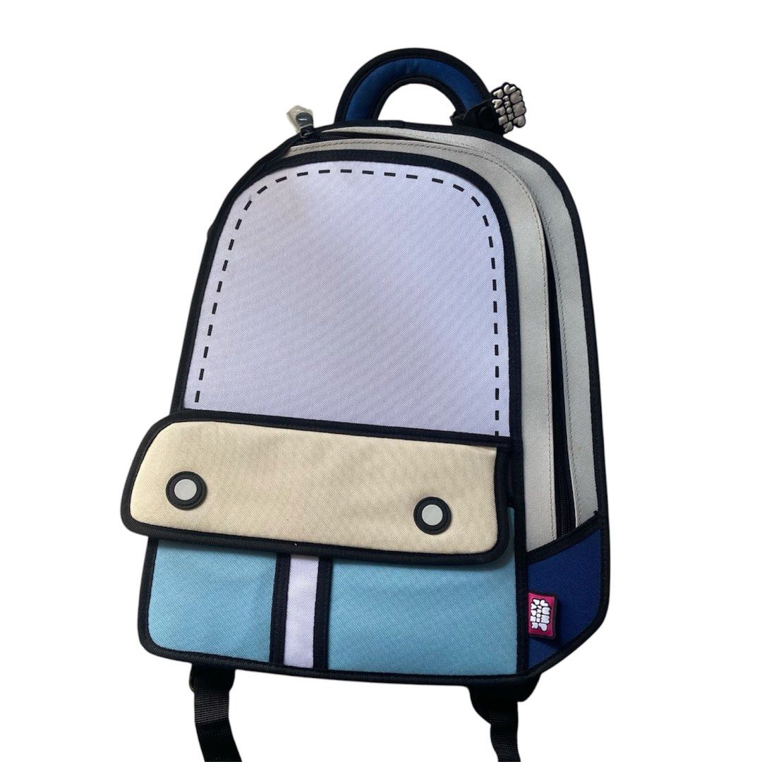 JUMP FROM PAPER 2D ADVENTURE CARTOON BACKPACK (Category: Backpacks) located in Iloilo. Submitted by wornworthyph (Listing ID 1463769045, Image 2). Description: EXCELLENT TO BRANDNEW CONDITION LEGIT / AUTHENTIC NO ISSUE Featuring a playful 2D comic-book optical illusion design with bold black outlines and color-blocked pastel blue and cream panels. ₱ 980 + SHIPPING FEE 📍ILOILO 🧾 GCASH ( PAYMENT FIRST ) 🚚 J&T COURIER..