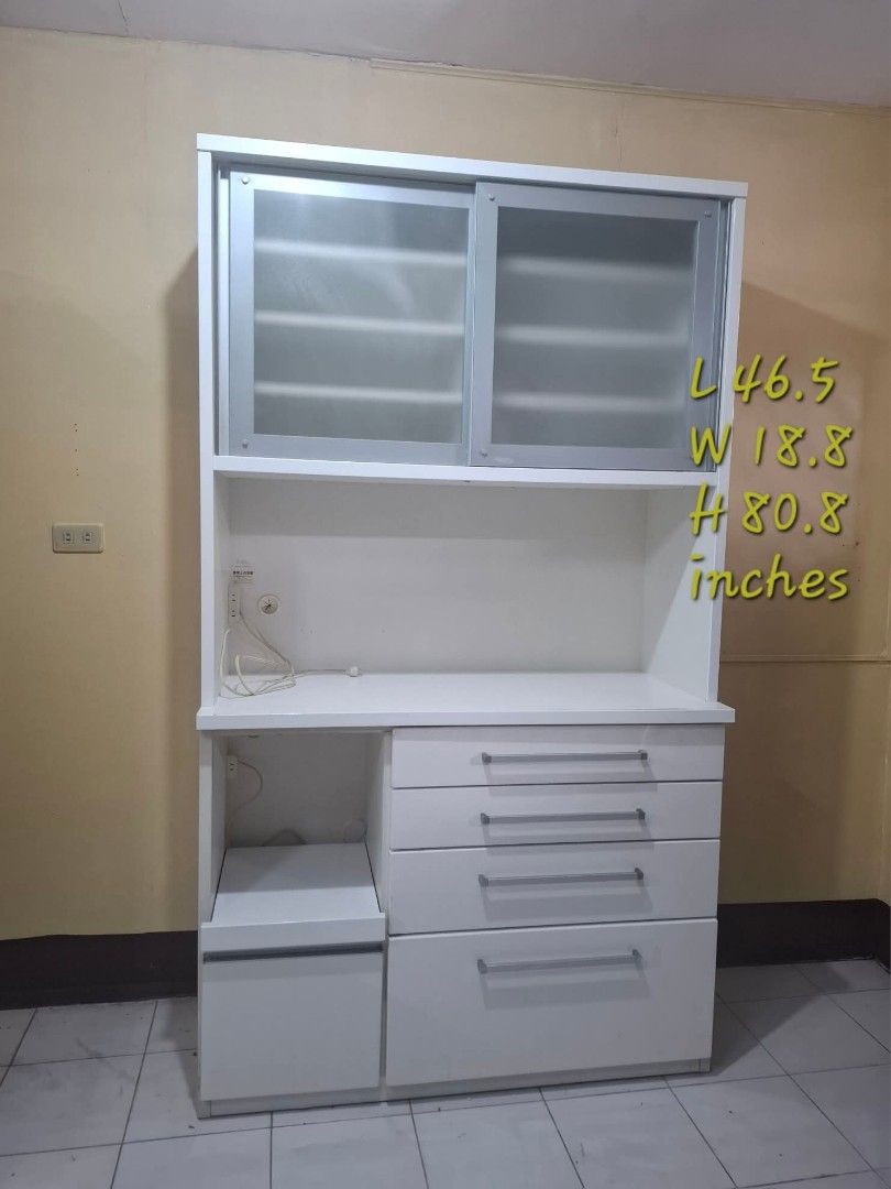 Kitchen Cupboard Hutch Cabinet (Category: Shelves, Cabinets & Racks) located in Quezon City. Submitted by dannikkishoppe2 (Listing ID 1463822282, Image 2). Description: Kitchen Cupboard Hutch Cabinet ‼️₱14500‼️ Please manage your expectations as there might be minimal flaws. Color may vary due to lighting, it may appear darker or lighter in person. Check photos first before buying. Please refrain from purchasing if you are particular about USED i