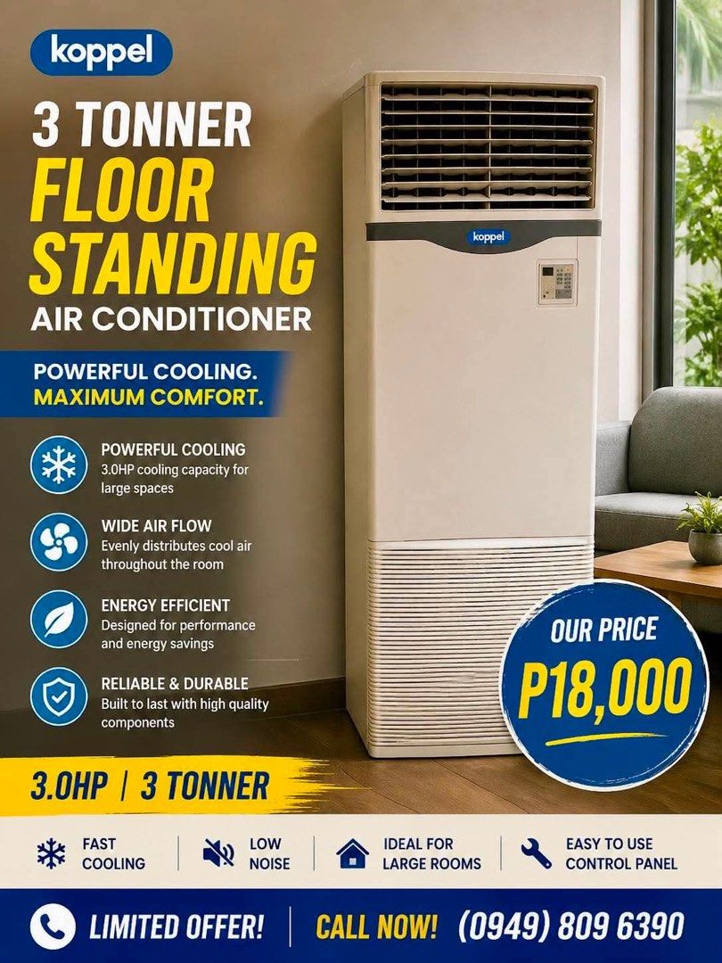 Koppel 3 Tonner Floor Standing Air Conditioner (Category: Air Conditioning and Heating) located in Manila. Submitted by asecondstory (Listing ID 1463756272, Image 1). Description: - Powerful cooling for large spaces - Koppel 3 tonner floor standing AC - Wide airflow for even cooling - Energy efficient - High quality components for reliability and durability - Easy to use control panel - Limited offer!.