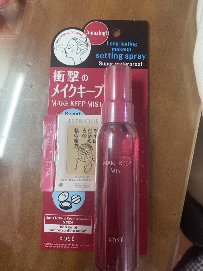 KOSÉ ESPRIQUE Make Keep Mist Setting Spray (Category: Makeup) located in San Juan City. Submitted by woziying (Listing ID 1463870563, Image 1). Description: - KOSÉ ESPRIQUE Long-lasting Makeup Setting Spray - Super waterproof, ideal for hot & humid Philippine weather - Fine mist for a smooth, makeup-gripping finish - Keeps makeup in place all day - FREE sample of Melty Serum Glow Powder (SPF26/PA++) included.