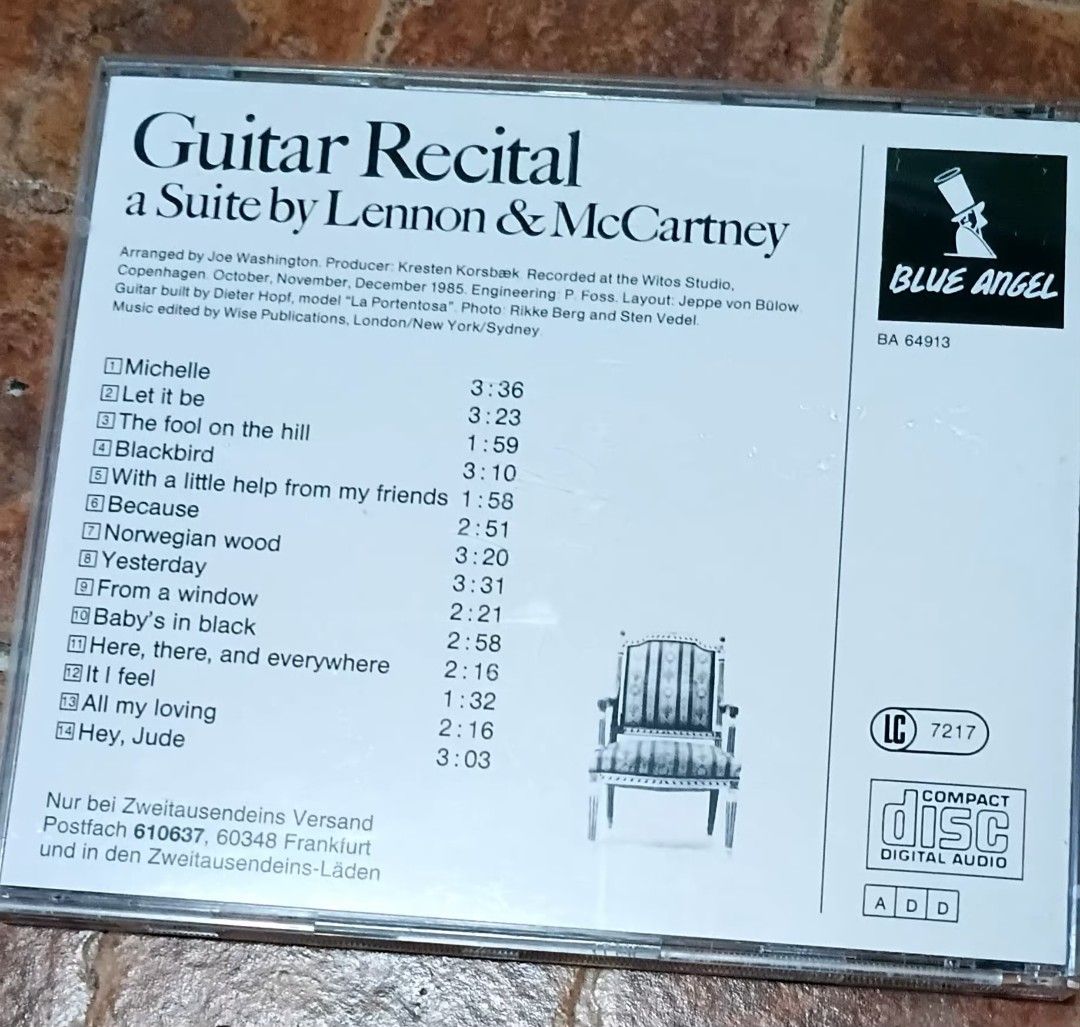 Kresten Korsbæk plays Beatles for Classical Guitar CD (Category: CDs & DVDs) located in Quezon City. Submitted by dancatz (Listing ID 1463752833, Image 3). Description: □ P 150.00 - Kresten Korsbæk plays Beatles for Classical Guitar - Features "Guitar Recital a Suite by Lennon & McCartney" - Includes popular tracks: Michelle, Let It Be, Yesterday, Hey Jude - Recorded at Witos Studio - Released on the Blue Angel label - Perfect for classical guita