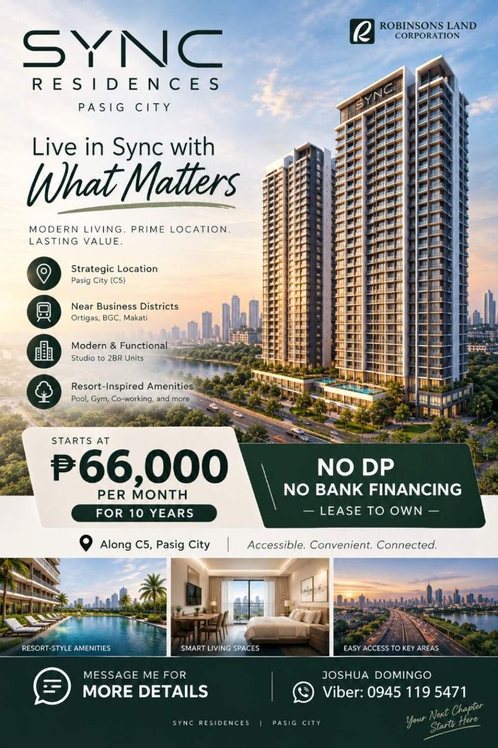 Lease to own 1 Bedroom unit (Category: Apartments & Condos) located in Pasig City. Submitted by fca.infopropertyph (Listing ID 1463835161, Image 1). Description: SYNC RESIDENCES – PASIG | LEASE-TO-OWN 🏙️ ✨ 100% spread over 120 months 💰 ₱66,392.50/month 📌 Unit Price: ₱7,967,100 ✅ No bank financing required ✅ Long-term 10-year payment term ✅ Great for end-use or investment Start your property journey with manageable monthly payments. 📩 Message 