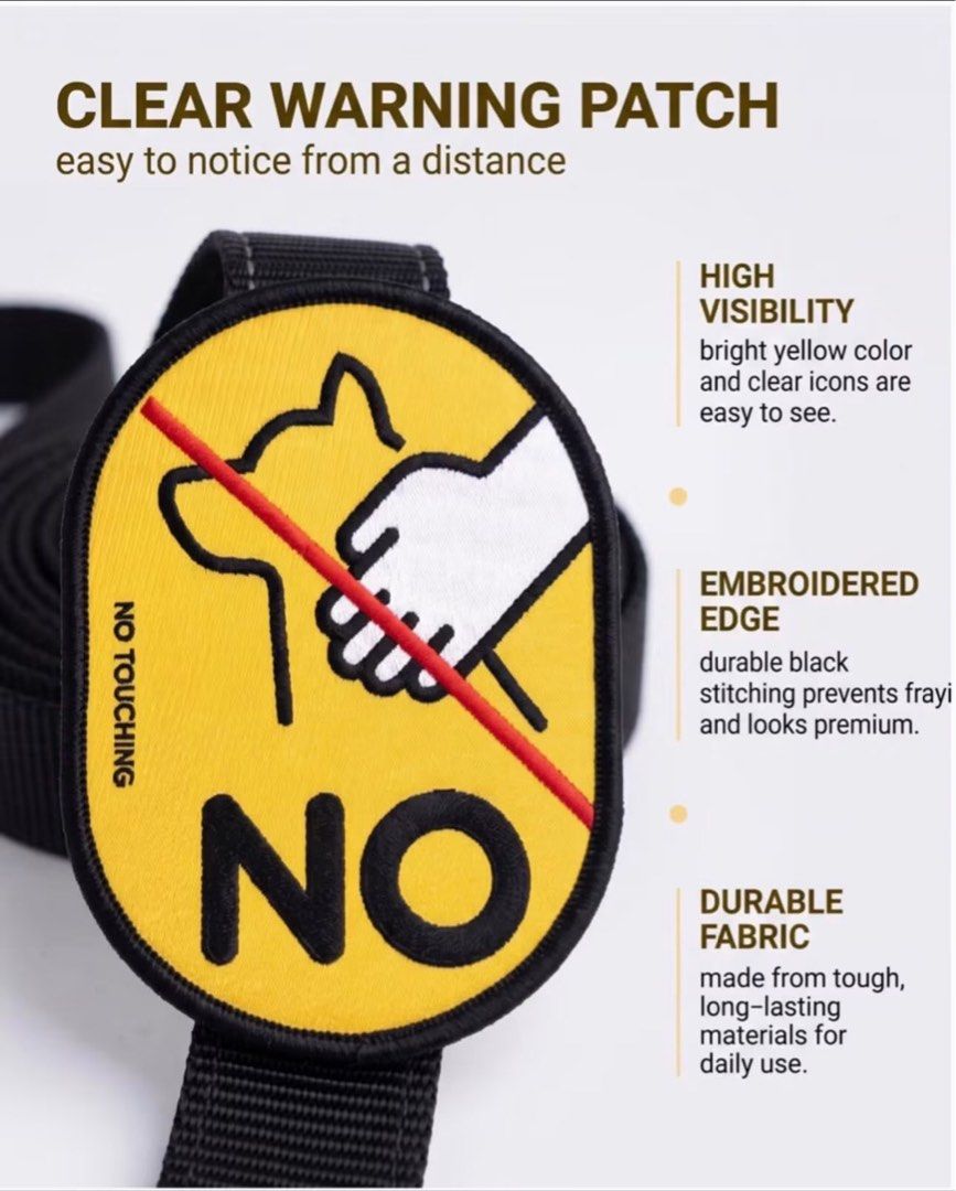 Leash Patch (Category: Homes & Other Pet Accessories) located in Manila. Submitted by abigaildan69500 (Listing ID 1463809631, Image 1). Description: Give Your Pup the Personal Space They Deserve! 🐾✨ Just like us, our fur babies don’t always want to be petted by strangers. Whether your dog is in training, anxious, reactive, recovering from surgery, or simply prefers a little distance, the “No Touch Patch” sends a clear, polite message before anyo