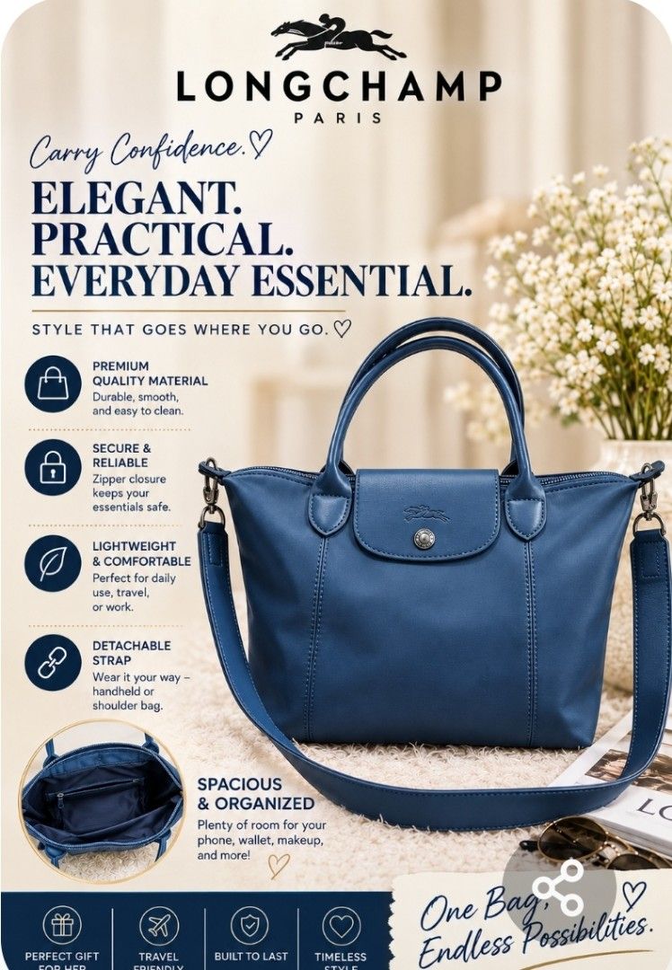 Longchamp bag brand new (Category: Luxury Bags & Wallets) located in Manila. Submitted by eliphalet_983 (Listing ID 1463927716, Image 1). Description: Longchamp 2way brand new ganda ng leather. size: medium color: navy blue delivery fee shoulder by the buyer. payment first sa cashG loc.Pasig salamat po.