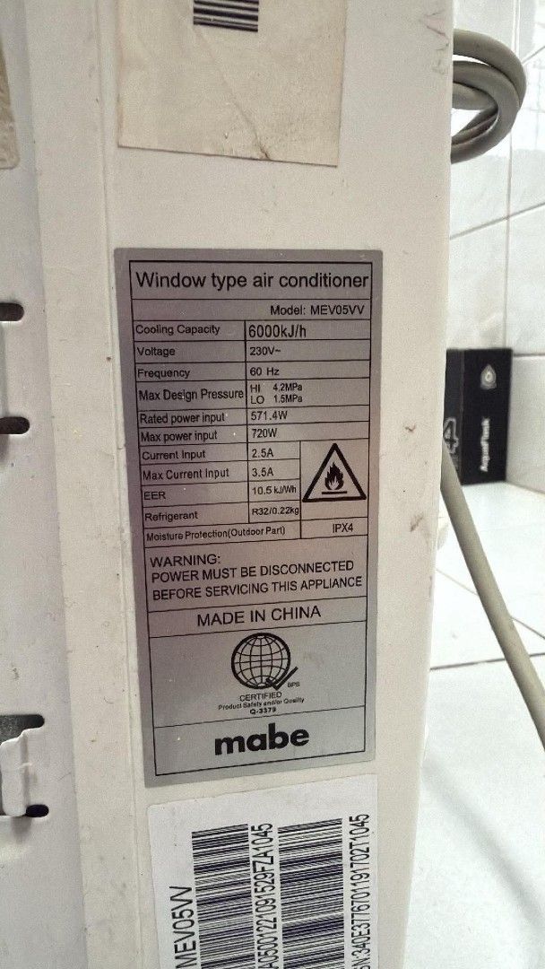 Mabe Window Type Air Conditioner MEV05VV 6000BTU (Category: Air Conditioning and Heating) located in Marikina City. Submitted by tepmanalo (Listing ID 1463788452, Image 3). Description: - Mabe Window Type Air Conditioner - Model: MEV05VV - Cooling Capacity: 6000 BTU - Voltage: 230V, 60Hz - Refrigerant: R32 (0.22kg) - Features: IPX4 Moisture Protection - Ideal for cooling down rooms - Please check photos for more details.