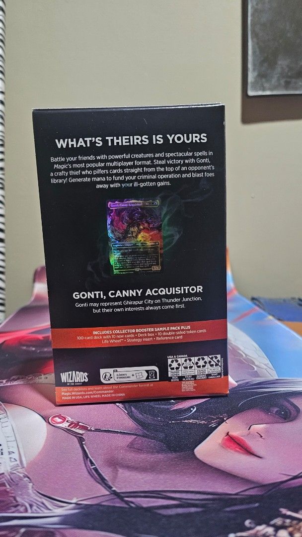 Magic The Gathering Outlaws of Thunder Junction Commander Deck (Category: Card Packs) located in Caloocan City. Submitted by jemnepomuceno1 (Listing ID 1463824290, Image 2). Description: - Outlaws of Thunder Junction Commander Deck - Ready for multiplayer games - Theme: Grand Larceny (Steal cards & generate mana) - Includes: 100-card deck, reference card, 1 Collector Booster sample pack, 2 legendary traditional foils - Perfect for Magic: The Gath