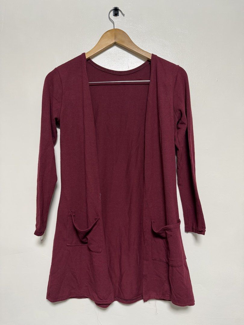 Maroon Long Sleeve Cardigan with Pockets (Category: Coats, Jackets and Outerwear) located in Manila. Submitted by don_p (Listing ID 1463864859, Image 1). Description: XS to S - Maroon long sleeve cardigan - Open front style - Two front pockets - Soft fabric - Great for casual layering.