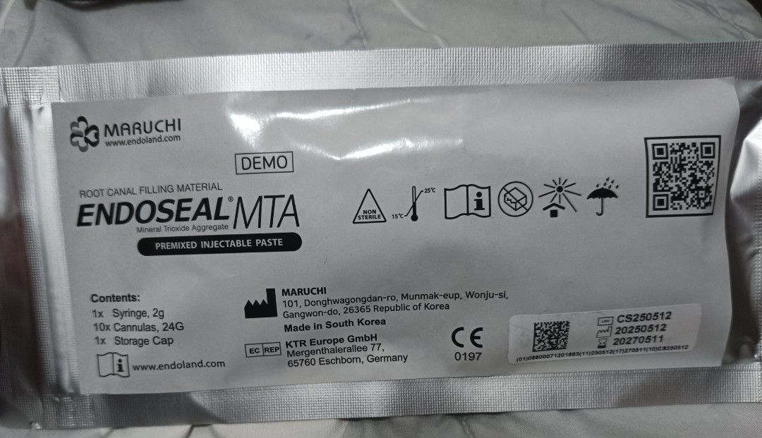 MARUCHI ENDOSEAL MTA Root Canal Filling Material (Category: Medical Supplies & Tools) located in Binan City. Submitted by ngipin_at_iba_pa (Listing ID 1463886574, Image 1). Description: - MARUCHI ENDOSEAL MTA - Premixed injectable paste for root canal filling - Mineral Trioxide Aggregate (MTA) - Includes: 1 syringe (2g), 10 cannulas (24G), 1 storage cap - Made in South Korea - Demo Unit.