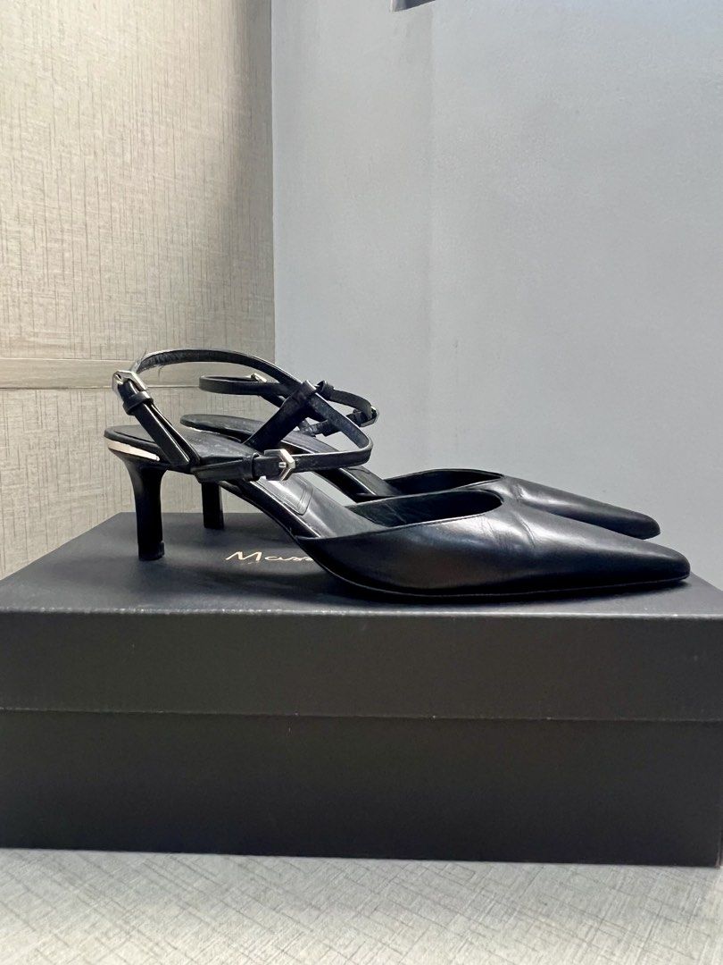 Massimo Dutti Pointed Toe Slingback Heels (Category: Heels) located in Quezon City. Submitted by fromkimwithless (Listing ID 1463843058, Image 3). Description: - Brand: Massimo Dutti - Style: Black Leather Slingback Heels - Size: US 6.5 - Features: Pointed toe, thin ankle strap - Heel Height: 2inches (suitable for everyday wear) - Includes: Original box and dust bag - Purchased: Greenbelt in 2023.