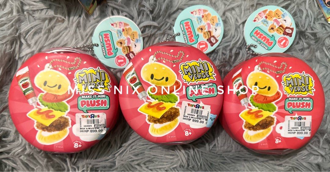 MGA's Miniverse Make It Mini Plush Burger Toy (Category: Plushies & Soft Toys) located in Mandaluyong City. Submitted by gdnixonlineshop (Listing ID 1463833457, Image 1). Description: - MGA's Miniverse Make It Mini Plush toys - Blind Box - Super cute and collectible - Each comes in its own round tin - Great for gifts or adding to your collection.