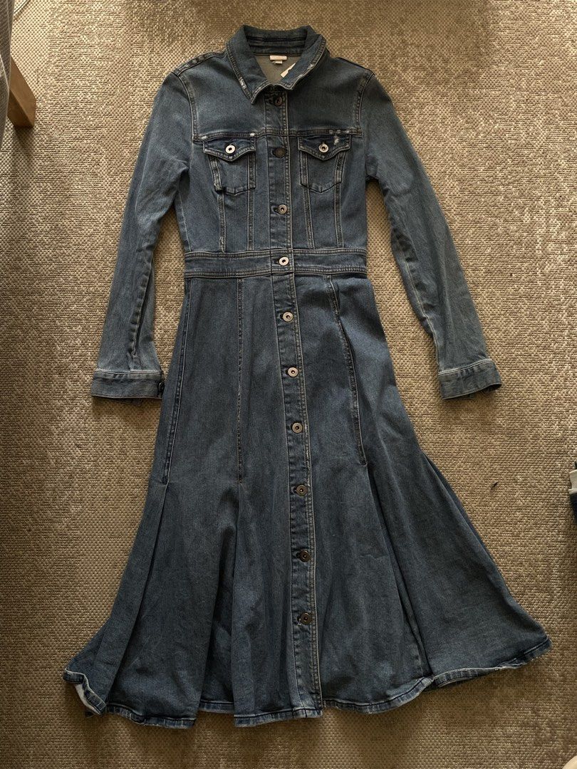 Miss Sixty Denim Button-Up Midi Dress (Category: Dresses) located in Manila. Submitted by rei.ocn (Listing ID 1463848540, Image 2). Description: - Long sleeve denim dress - Button-up front with collar - Fitted waist with a flared midi skirt - Two chest pockets - Distressed details on collar and pockets - Ideal for casual wear.