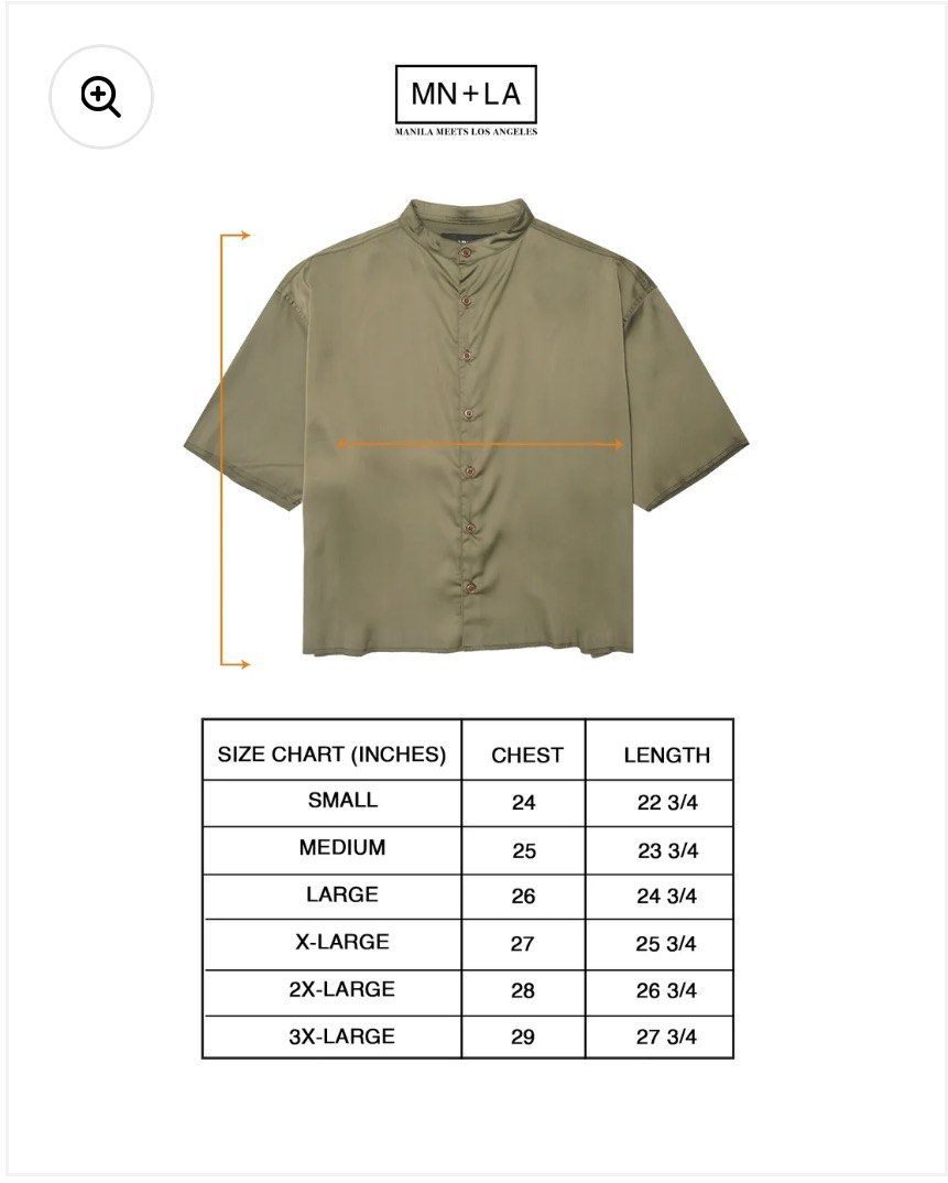 MN+LA Mandarin Shirt SS XL (Category: Tshirts & Polo Shirts ) located in Bacolod City. Submitted by simulasawala (Listing ID 1463833015, Image 2). Description: - Olive green short sleeve shirt - Brand: MN+LA - Style: Band collar, button-up front - Material: Silky - Versatile: Suitable for casual or dressed-up looks - Important: Please check the size chart for accurate measurements.
